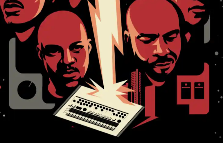 Illustrated poster for God Said Give 'Em Drum Machines: red-toned faces look over a lightning bolt striking a classic drum machine synthesizer.